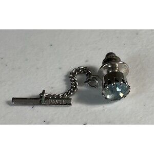 Dante Round Light Blue Gemstone Silver Color Tie Tack Vintage